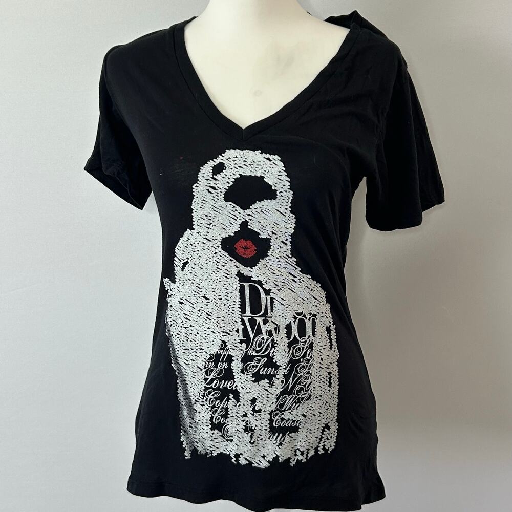 Dirty Hollywood Graphic V-Neck Tee Women’s XS Black Glam Graphic Shirt